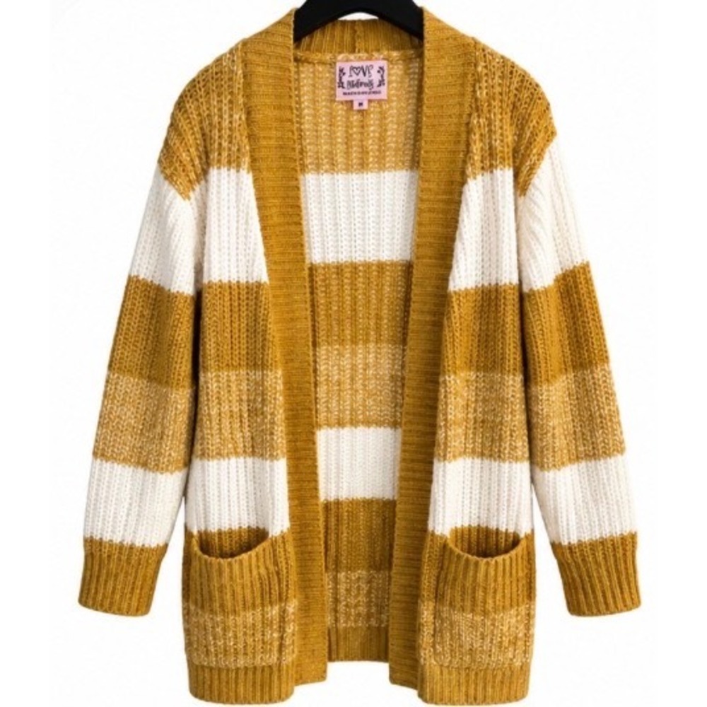 Love Maternity Mustard Yellow White Striped Open Front Cardigan Sweater Medium